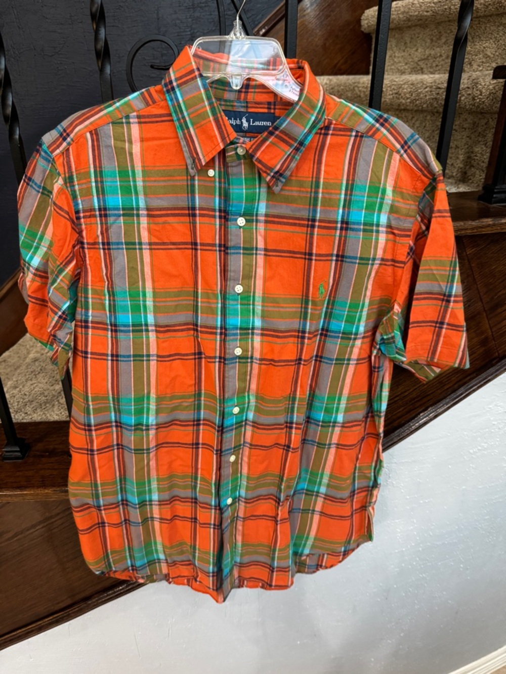 Men’s Large Ralph Lauren Orange  Plaid Short-Sleeve Button-Down Shirt